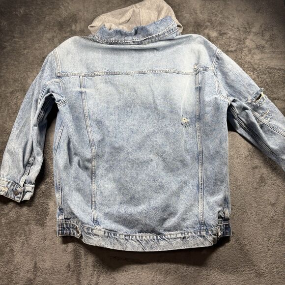 We The Free by Free People Hooded Denim Jean Jacket Trucker Distressed Large - Picture 9 of 13